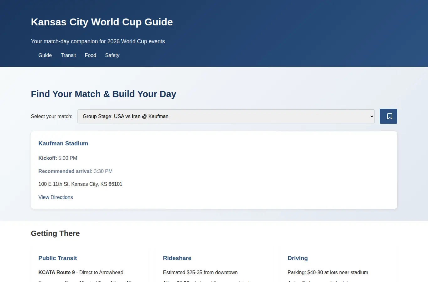 Screenshot of Kansas City World Cup Guide interface showing the project page in use